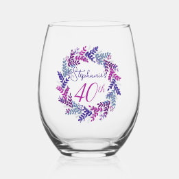 Elegant Pink and Purple Wreath 40th Birthday Party Stemless Wine Glass