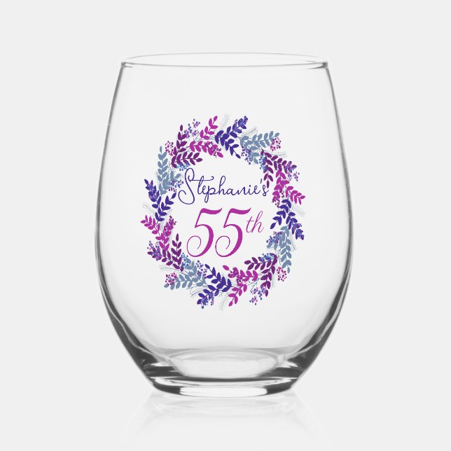 Elegant Pink and Purple Wreath 55th Birthday Party Stemless Wine Glass (Front)