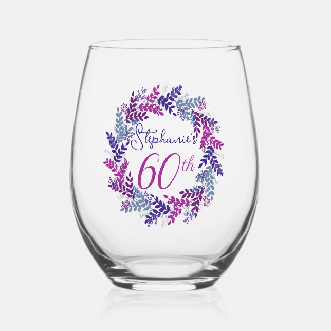 Elegant Pink and Purple Wreath 60th Birthday Party Stemless Wine Glass (Front)