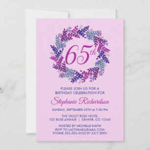 Elegant Pink and Purple Wreath 65th Birthday Invitation