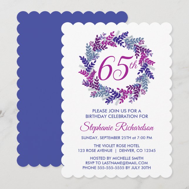 Elegant Pink and Purple Wreath 65th Birthday Invitation (Front/Back)