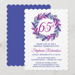 Elegant Pink and Purple Wreath 65th Birthday Invitation