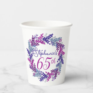 Elegant Pink and Purple Wreath 65th Birthday Paper Cups