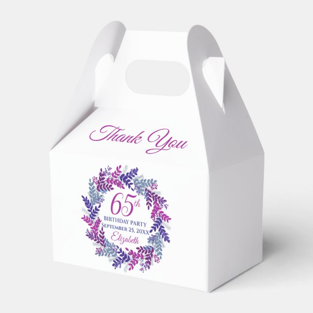Elegant Pink and Purple Wreath 65th Birthday Party Favour Box (Front Side)