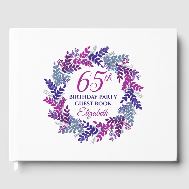 Elegant Pink and Purple Wreath 65th Birthday Party Guest Book (Front)