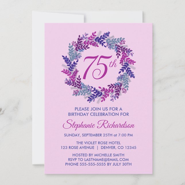 Elegant Pink and Purple Wreath 75th Birthday Party Invitation (Front)