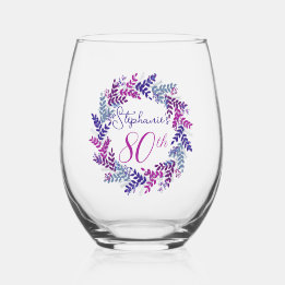 Elegant Pink and Purple Wreath 80th Birthday Party Stemless Wine Glass