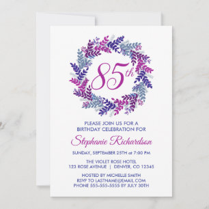Elegant Pink and Purple Wreath 85th Birthday Invitation