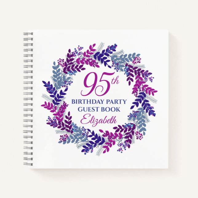Elegant Pink and Purple Wreath 95th Birthday Party Notebook (Front)