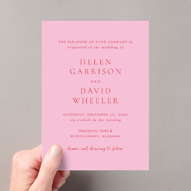 Elegant Pink and Red Classic Wedding Acrylic Invitations (Insitu (Handheld))