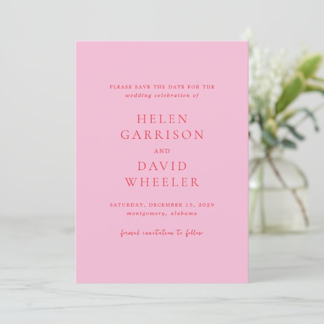 Elegant Pink and Red Classic Wedding Save The Date (Standing Front)