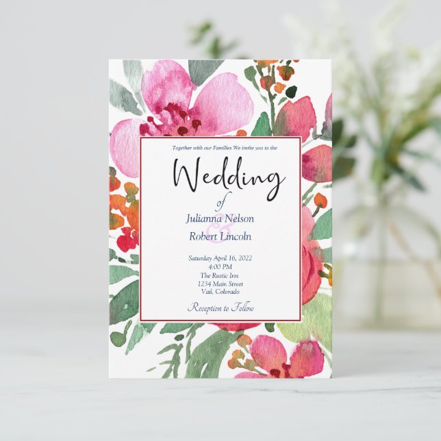 Elegant Pink and red floral wedding invitation (Standing Front)