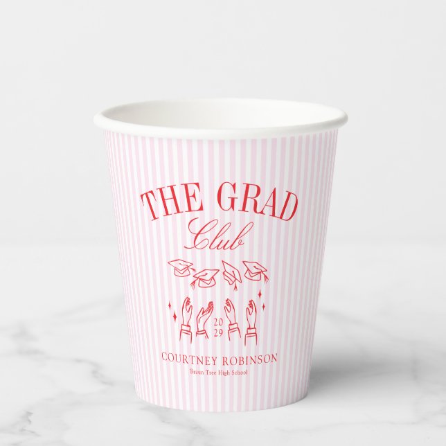 Elegant Pink and Red Grad Club Graduation Paper Cups (Front)