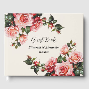 Elegant pink and red roses floral wedding guest book