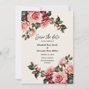 Elegant pink and red roses floral wedding  save the date