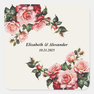 Elegant pink and red roses floral wedding  square sticker