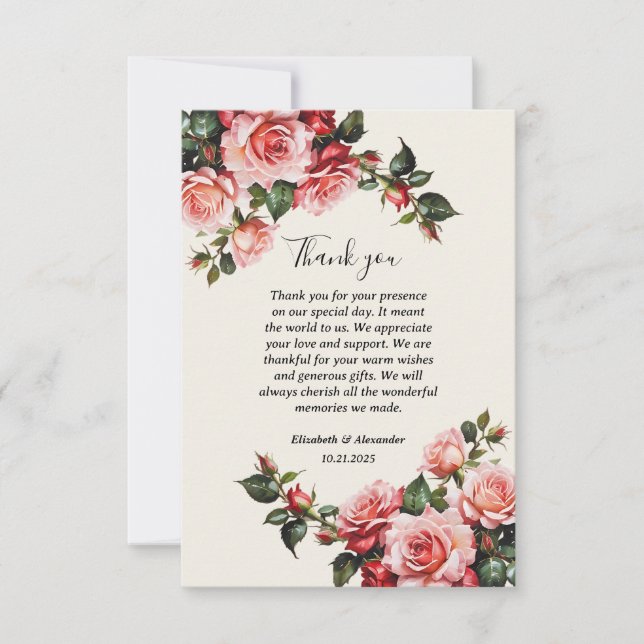 Elegant pink and red roses floral wedding  thank you card (Front)