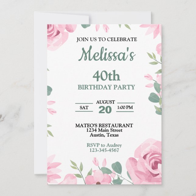 Elegant Pink and Seafoam Breen Birthday Invitation (Front)
