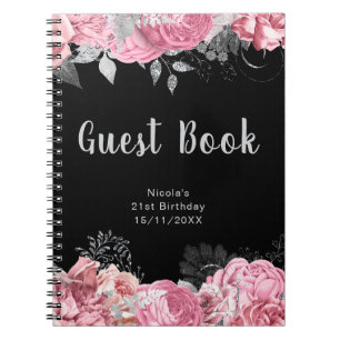 Elegant Pink and Silver Flower Birthday Guest Book