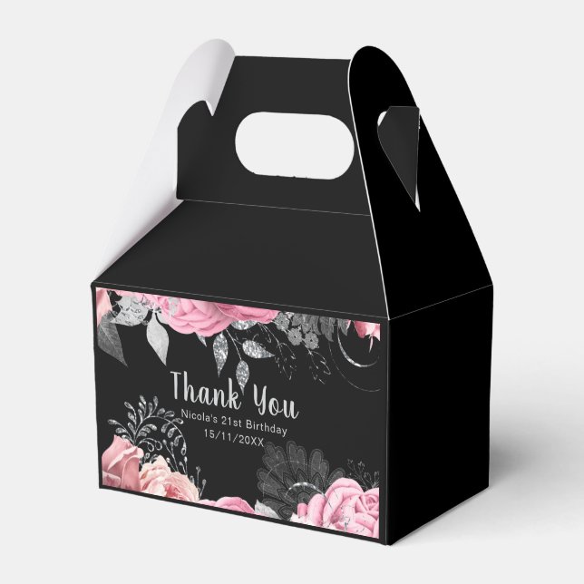 Elegant Pink and Silver Flowers Birthday Favour Box (Front Side)
