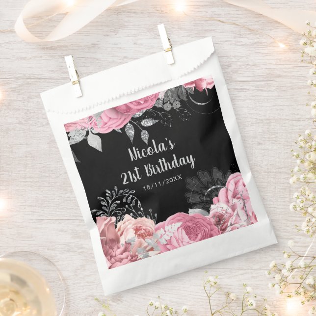 Elegant Pink and Silver Flowers Birthday Party Favour Bags (Clipped)
