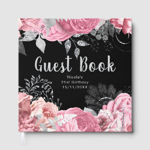 Elegant Pink and Silver Flowers Birthday Party Guest Book