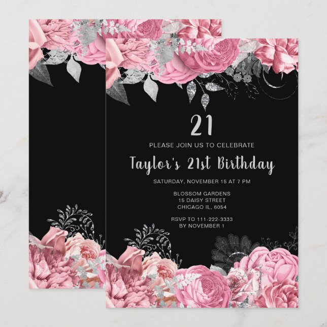 Elegant Pink and Silver Flowers Birthday Party Invitation (Front/Back)