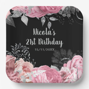 Elegant Pink and Silver Flowers Birthday Party Paper Plate