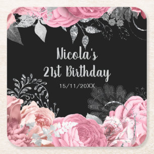 Elegant Pink and Silver Flowers Birthday Party  Square Paper Coaster