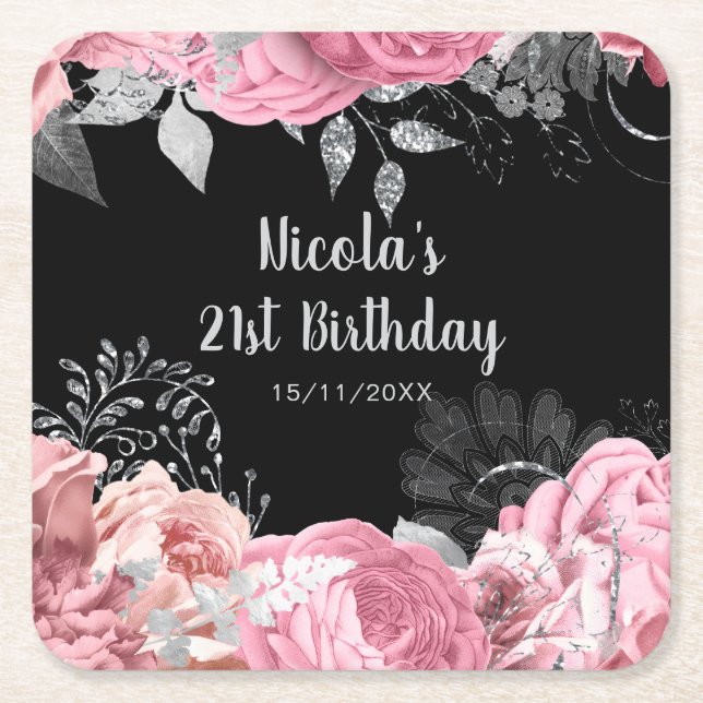 Elegant Pink and Silver Flowers Birthday Party  Square Paper Coaster (Front)