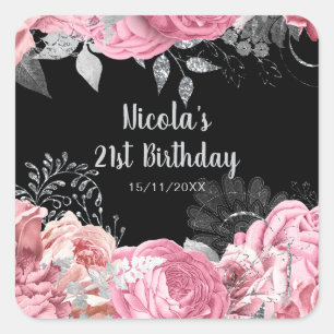 Elegant Pink and Silver Flowers Birthday Party Square Sticker