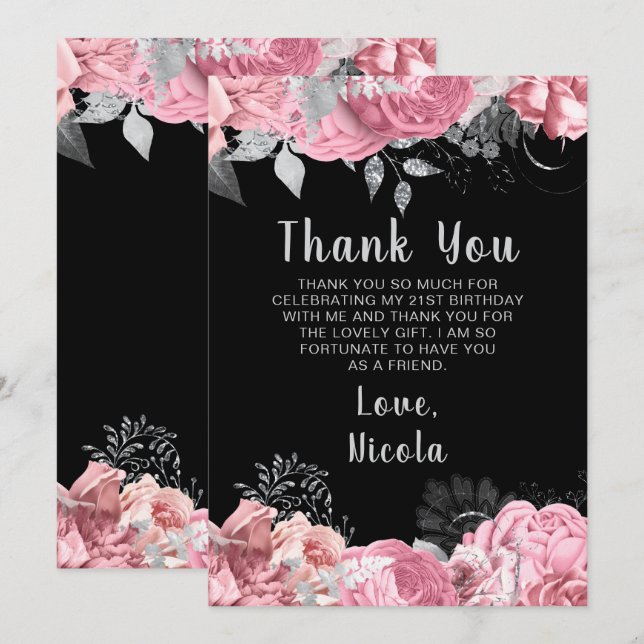 Elegant Pink and Silver Flowers Birthday Party Thank You Card (Front/Back)