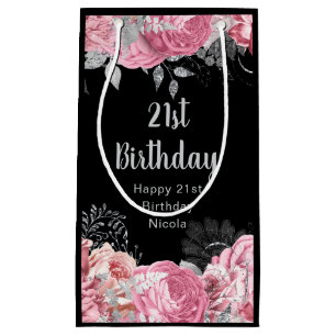 Elegant Pink and Silver Flowers Birthday Small Gift Bag