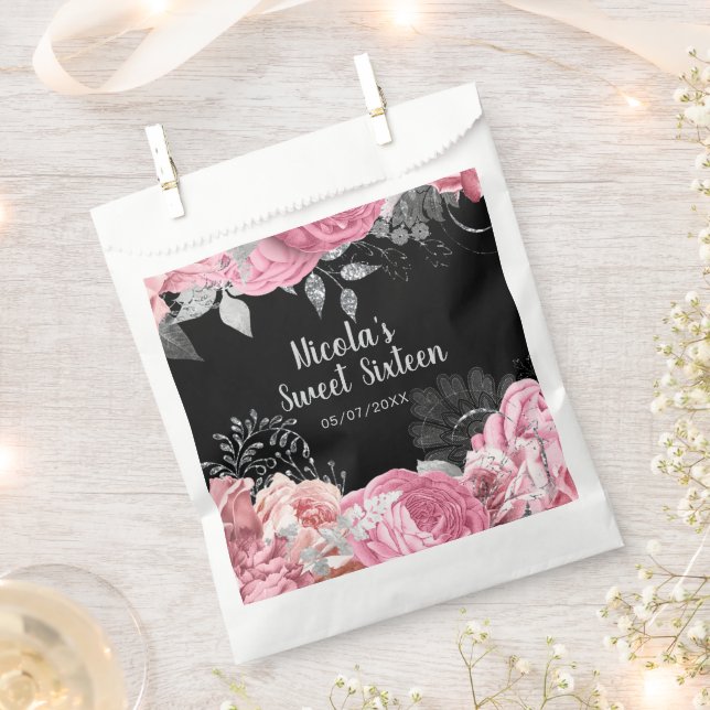 Elegant Pink and Silver Flowers Sweet Sixteen  Favour Bags (Clipped)