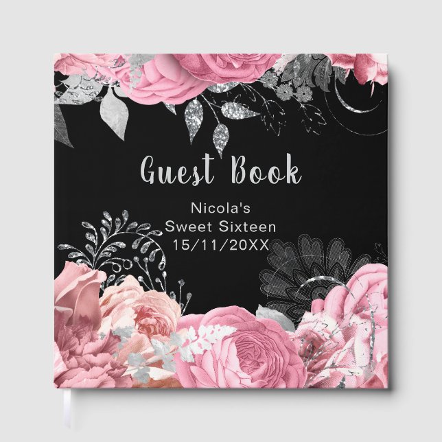 Elegant Pink and Silver Flowers Sweet Sixteen Guest Book (Front)