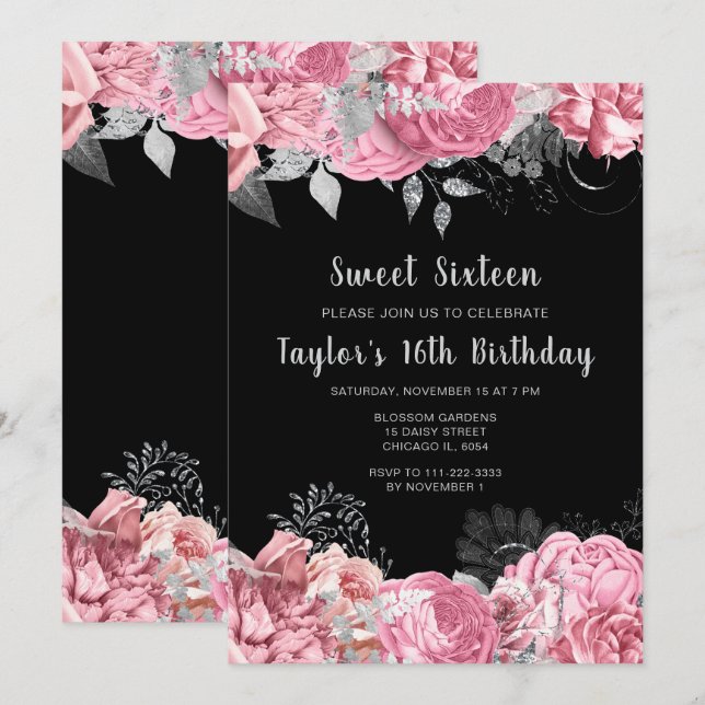 Elegant Pink and Silver Flowers Sweet Sixteen Invitation (Front/Back)
