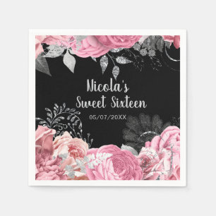 Elegant Pink and Silver Flowers Sweet Sixteen Napkin