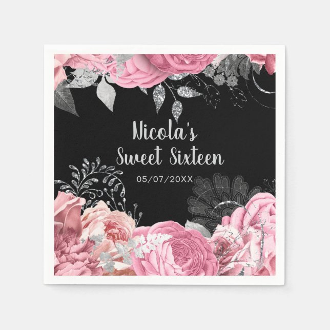Elegant Pink and Silver Flowers Sweet Sixteen  Napkin (Front)