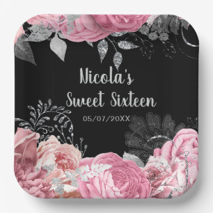 Elegant Pink and Silver Flowers Sweet Sixteen  Paper Plate