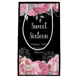 Elegant Pink and Silver Flowers Sweet Sixteen  Small Gift Bag