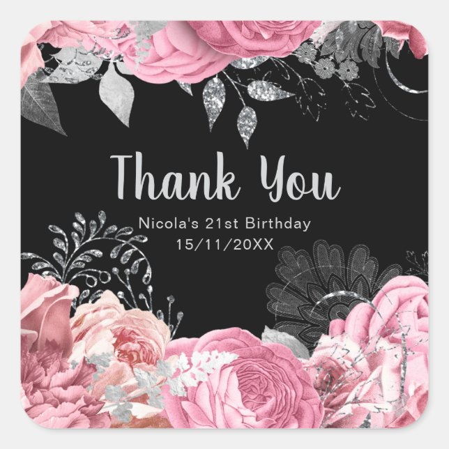 Elegant Pink and Silver Flowers Sweet Sixteen  Square Sticker (Front)