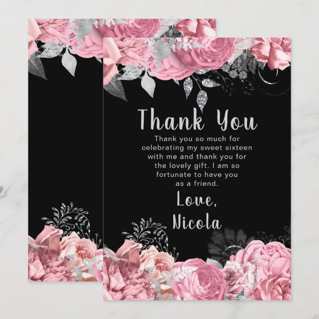 Elegant Pink and Silver Flowers Sweet Sixteen Thank You Card (Front/Back)