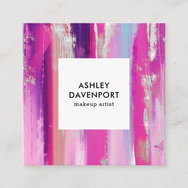 Elegant pink and silver glitter brushstroke beauty square business card (Front)