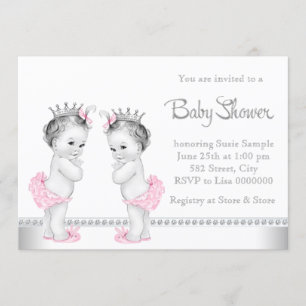 Elegant Pink and Silver Twin Girl Baby Shower Invitation