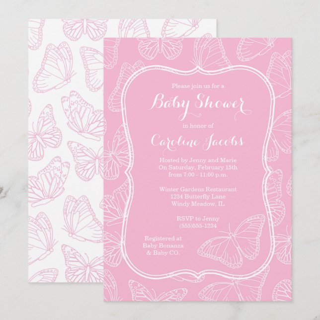 Elegant Pink and White Butterfly Baby Shower Invitation (Front/Back)