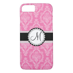 Elegant PINK and White Damask Pattern Monogram iPhone 8/7 Case