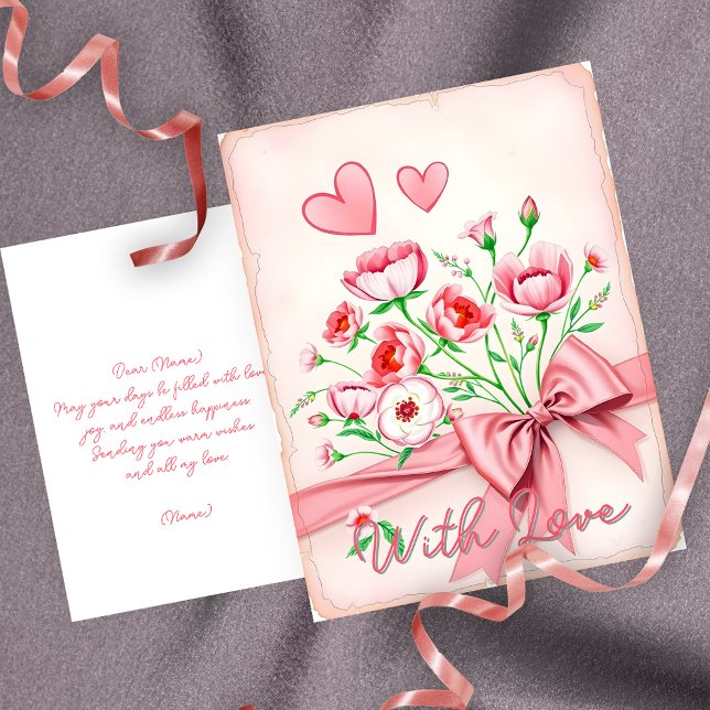 Elegant Pink and White Floral Bouquet with Hearts Postcard (Creator Uploaded)
