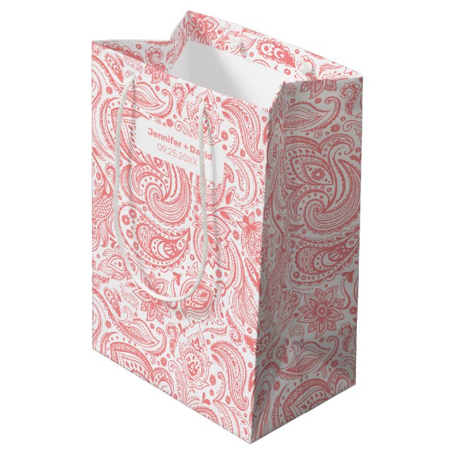 Elegant pink and white floral paisley pattern medium gift bag (Back Angled)