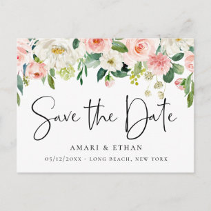 Elegant Pink and White Floral Save the Date Announcement Postcard