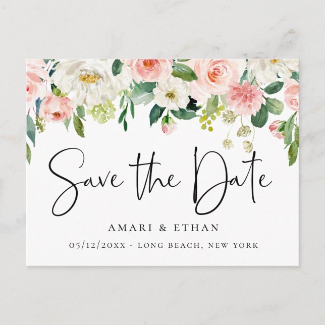 Elegant Pink and White Floral Save the Date Announcement Postcard (Front)